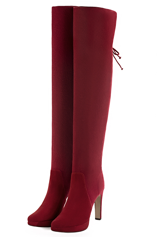 Burgundy red women's leather thigh-high boots. Tapered toe. Very high slim heel with a platform at the front. Made to measure. Front view - Florence KOOIJMAN